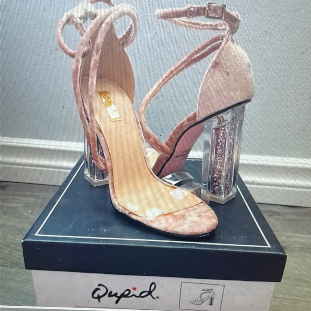 Qupid Blush Velvet Heels with Clear sparkle square Heel- nwt